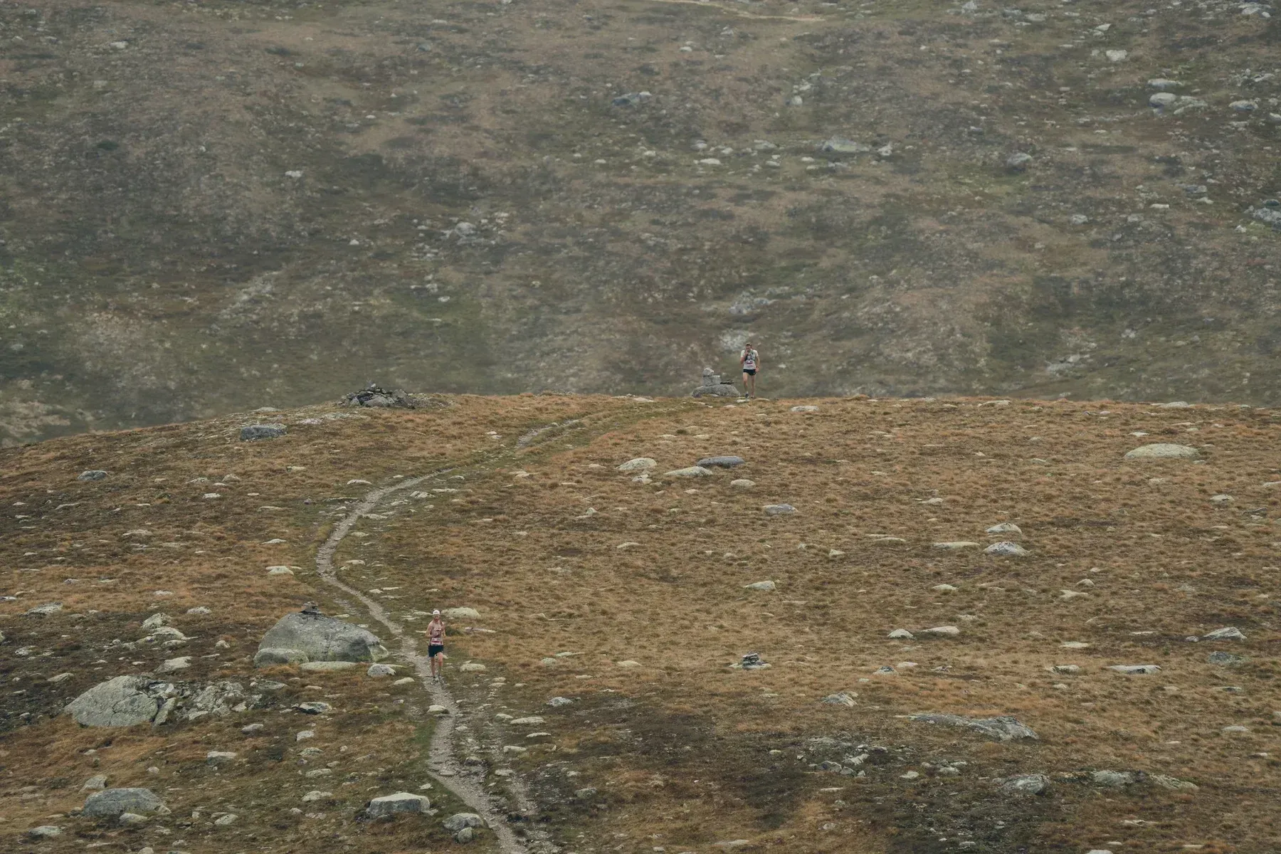 Sti gjennom et vidstrakt, steinete fjellandskap.